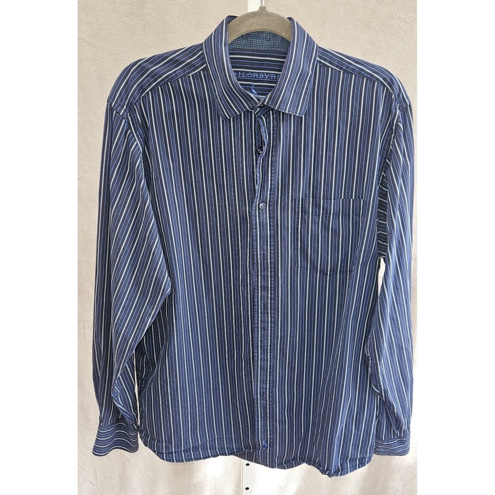 Tailorbyrd Mens Large Striped Button Up Shirt Blue White Long Sleeve Cotton